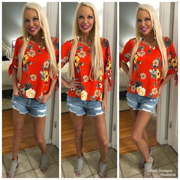 🥰LAST 1! 💕 Tangerine Floral Tie Sleeve Top! - Picture 2 of 5